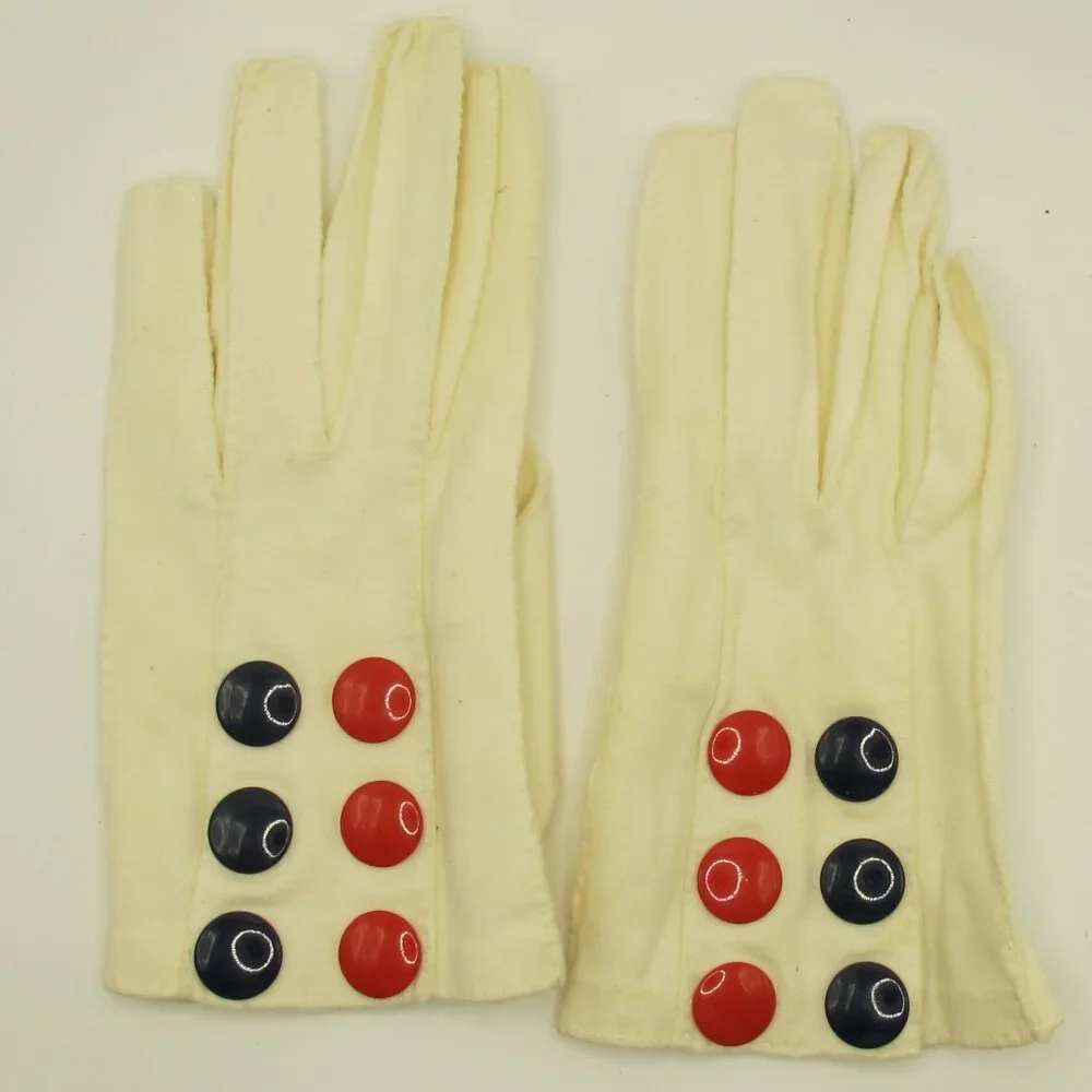 Ladies fashion off-white fabric gloves with red and blue snap closures